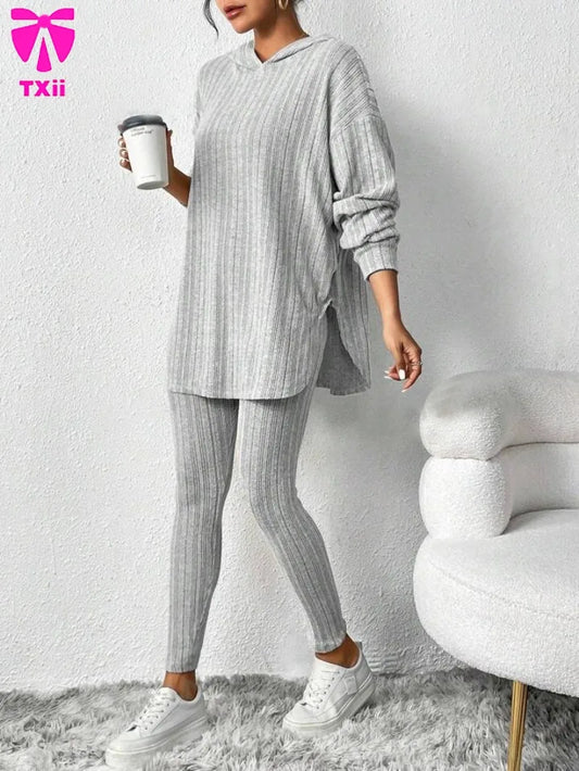 Loose Hooded Long Sleeve Top & Threaded Pants Set